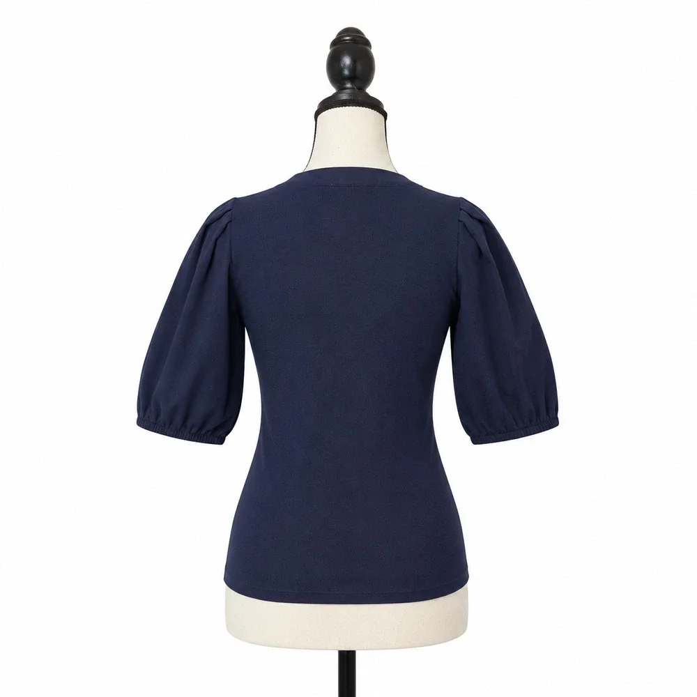 Madewell Puff Sleeve Henley Knit Top Womens Size XS Navy Blue Modal Blend NWT